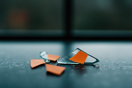 Fragments of broken glass are spread across a dark surface, with a soft focus in the background.の素材