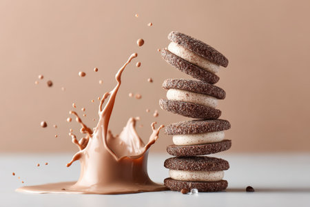 Stacked chocolate cookies are positioned next to a splash of melted chocolate on a neutral surface.の素材