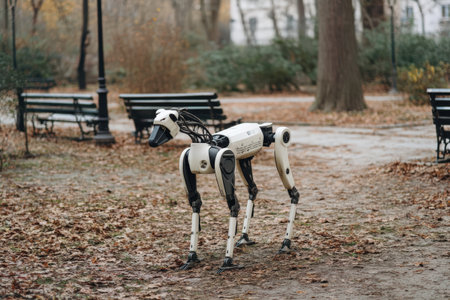 A robotic dog is wandering through a park covered in fallen autumn leaves during the day.の素材