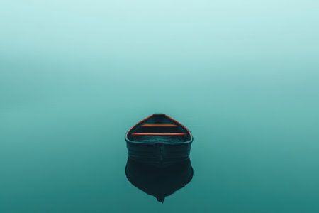 A solitary boat rests motionless on a tranquil lake surrounded by thick fog during early morning.の素材