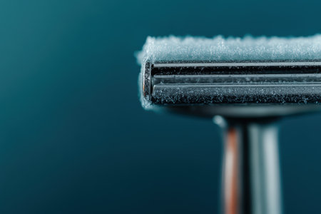 A frost-covered razor sits against a deep blue background, highlighting cold conditions.の素材