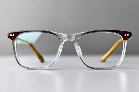 Clear frame eyeglasses rest on a white surface, showing their unique design and color contrast.の素材