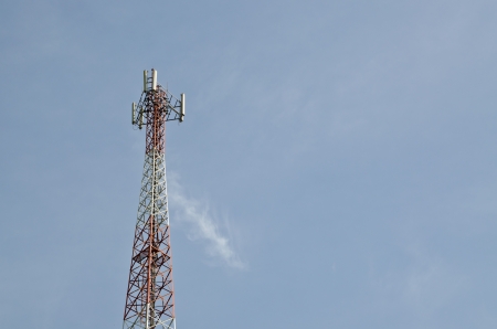 communications tower with antennas against blue sky