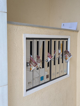 Pforzheim, Germany, Dezember , Apartment Mail Slots With Envelopes Protruding, Recessed Metal Panel...