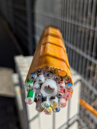 Close Up Cross Section Of Telecom Cable Showing Bundled Colored Insulated Fibers Around White...