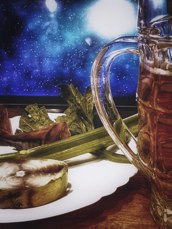 Mug Of Beer On Wooden Table Next To Fresh Herbs, Starry Galaxy Wallpaper Glow, Warm Amber Lighting,...