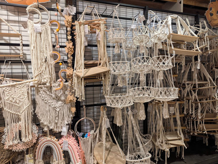 Pforzheim Germany February 19, 2026 Bohemian Macrame Wall Hanging Display Market Stall, Artisan...