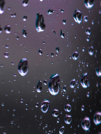 Clear water droplets cling to glass surface, forming bright highlights and soft reflections across dark gray backdrop, creating moody abstract texture, depth, contrast, and copy space, with raindrop
