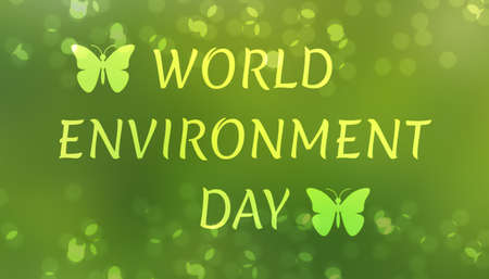 World environment day illustration on blur green background with floating circles and butterfly. concept for save environment.の写真素材