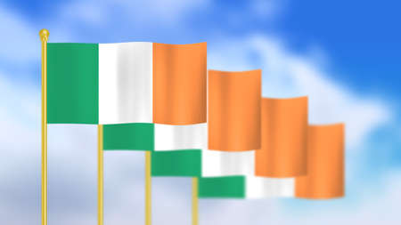 Four national flag of Ireland waving in wind focused on first flag and blue sky motion animation.の写真素材