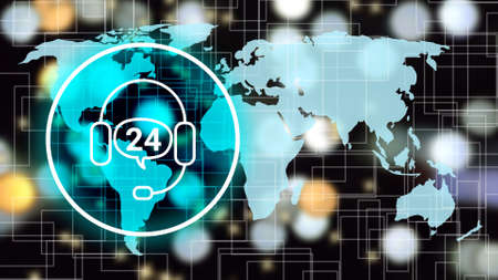 contact 24 hours or costumer support icon blend on World map and night City view.
concept for...