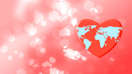 world map on 3d heart shape isolated on red and white blur background. concept for world heart day.の写真素材