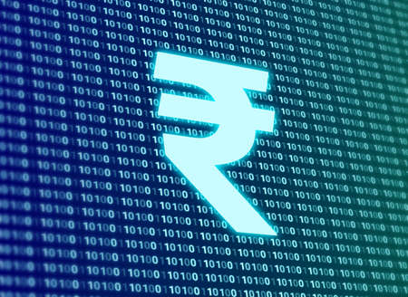 digital blue rupees sign isolated on digital background with 3d blur. concept for stock market, finance and rupees rate in global market.の写真素材