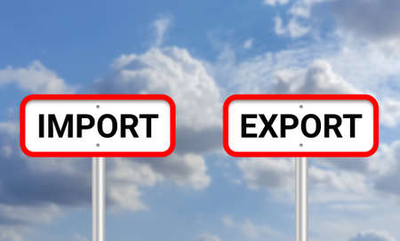 two import export sign board isolated on blur sky background. concept for import export business in...