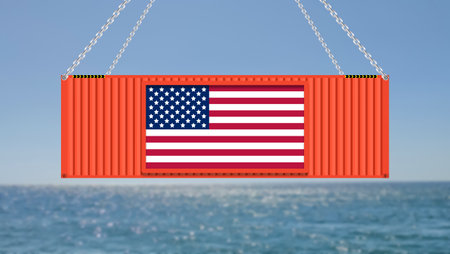 import export business in America illustration with hanging cargo container and blur sea background.の写真素材