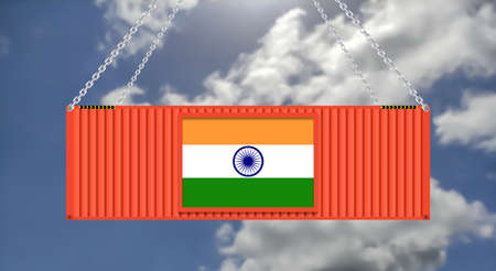 import export business in India background with hanging cargo container on blur sky background....