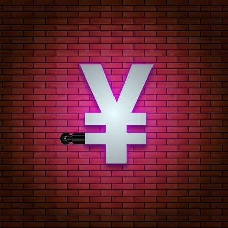 bright pink neon yen icon on brick background. national currency background illustration image.の写真素材