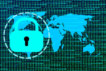 security lock world isolated on World map and spotted light background. digital security and...