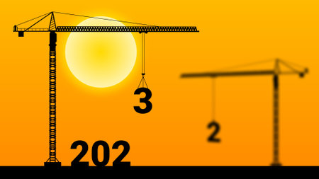 2023 illustration  in sunrise time with blur crane with 2022.