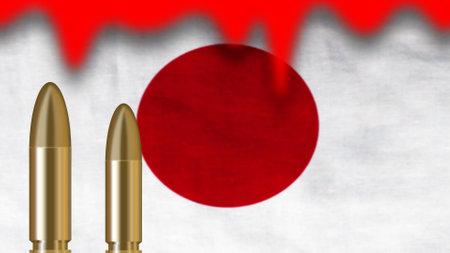 bullets on blur Japan flag with blood concept showing humble for nation and national holiday...