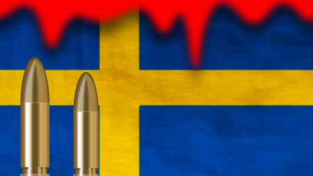 bullets on blur Sweden flag with blood concept showing humble for nation and national holiday background.の写真素材