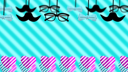 muchtech, goggles and bow tie swinging on blue stripes background and heart shape with greetings space.の写真素材