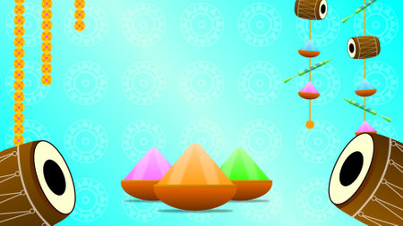 text free holi festival illustration with blue background and celebration items on holi.の写真素材
