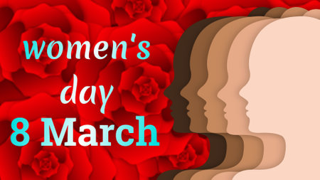 women's day 8 March wishes background on red rose flower and face icon.