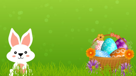 Easter concept image on blue background with decorated egg basket. happy Easter concept.の写真素材