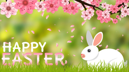 happy Easter concept image with cute bunny and pink flower tree branch isolated on beautiful green...