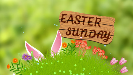 Easter concept image with  green grass, different flowers, rabbit ears and wooden board with wishes.