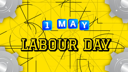 first may labour day text on gear and shape background. happy labor day concept.の写真素材