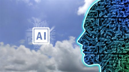 ai technology spreading worldwide concept image on sky background with ai word and human face....