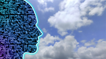 generative ai concept with human face in circuit lines and blur cloud background. creative ai technology conceptの写真素材