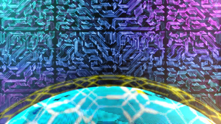 bright futuristic world map illustration with copy space in blue effect. concept for cyberspace, futuristic technology and engineering.の写真素材