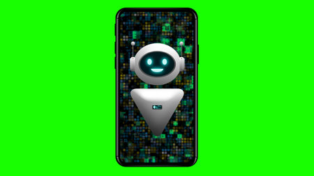 artificial intelligence bot in mobile concept image on green screen. ai chatting and virtual...