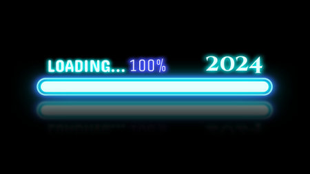 loading 2024 in bright blue neon light on black background with floor reflection.