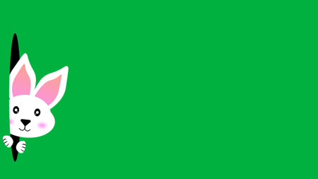 cute white bunny with pink ear and little smile looking from black hole illustration.の写真素材