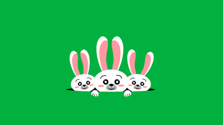three cute and beautiful bunny looking from hole on green screen. cute rabbits illustration.の写真素材