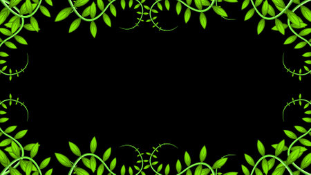 decorated frame of green plant leaves on black background. decorative nature frame.の写真素材