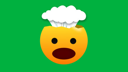 head blasting, explosion and shocked emoji expression isolated on green background.の写真素材