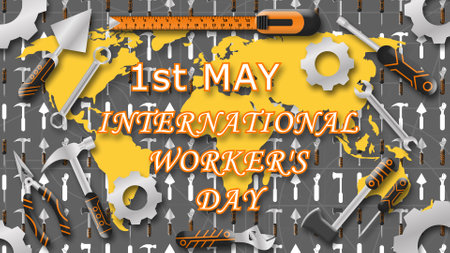 first may international workers day greetings with workers tool and world map. creative animation for labour day.の写真素材