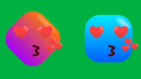 floating heart and kisses emoji in different shapes and colours on green screen.の写真素材