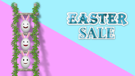 easter  sale text illustration on blue and pink colour wall and funny easter eggs on wooden ladder. easter holiday sale and offer tamplate.の写真素材