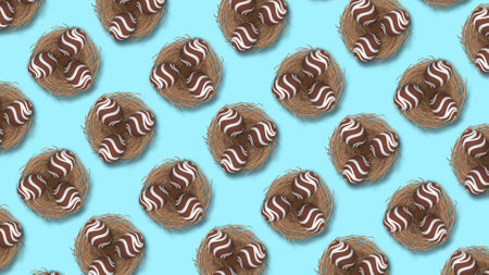 easter chocolate eggs in nest. full blue easter egg background. chocolate easter egg pattern.