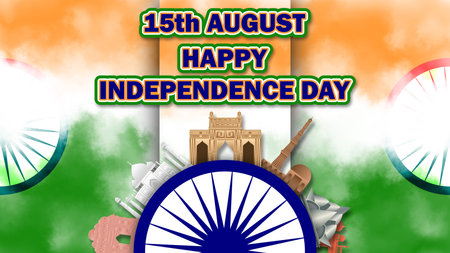 15th august and happy independence day blessings on gradient colours background. with historical structures and Ashoka chakra.の写真素材