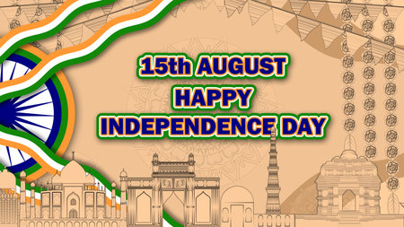 15th august and happy independence day blessings illustration with indian historical structures and flower decoration in sketch texture.の写真素材