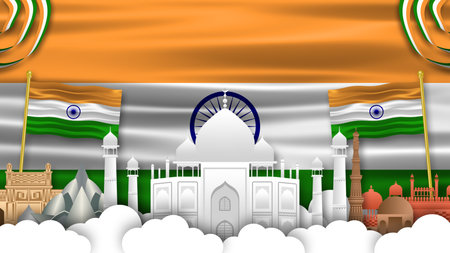 Taj Mahal and other historical monuments illustration with waving indian flag background. indian...