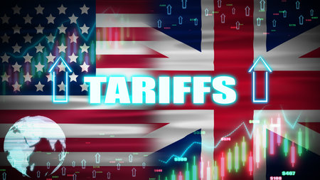 Increase tariffs animation with waving usa and united kingdom flag and digital elements and numbers....