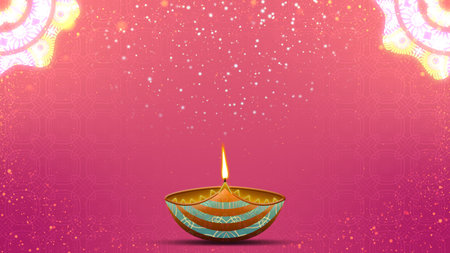 Oil lamps burning on red gradient background with bright pattern and particles. Concept of Diwali celebration background.の写真素材